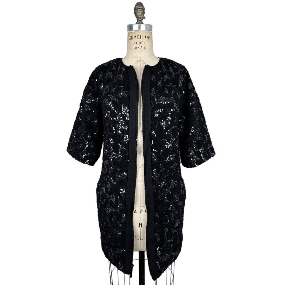 Rachel Roy Sequin Jacket Topper S Black‎ Evening Holiday Heavy Weight Cardigan